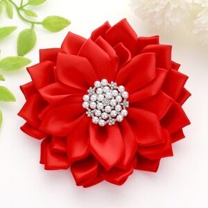 Red Pearl Flower Brooch 5 Inch Ribbon Pendant Pin Hairpin Statement Accessory